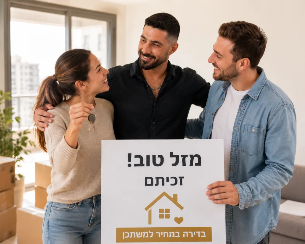 זוכים מחזיקים שלט מזל טוב וחוגגים את הזכייה בדירה במחיר למשתכן