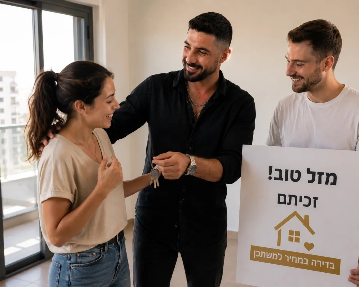 זוכי מחיר למשתכן חוגגים עם שלט מזל טוב על הזכייה בדירה